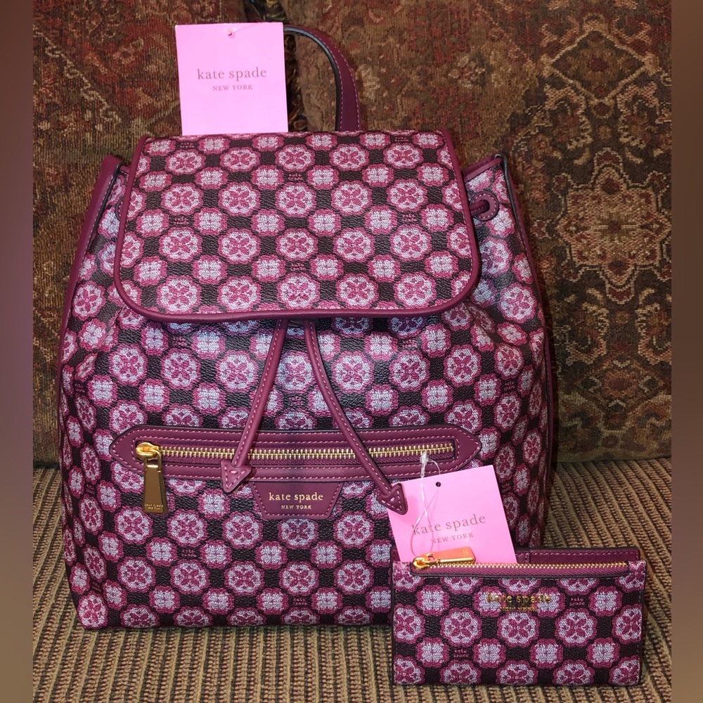 NWT-Kate Spade-SET-Spade Flower Monogram-Backpack & Bifold Wallet-Garnet Rose